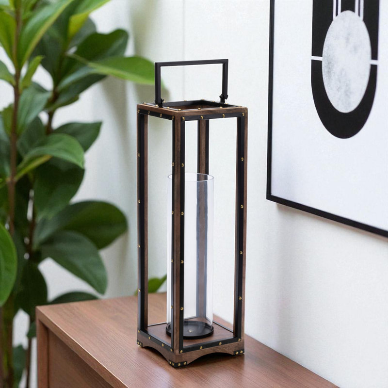 Porte-bougie de table 25 po en métal et bois massif noir et brun