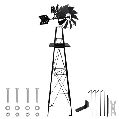 6FT Windmill for Yard, Garden Windmill with Rooster Weather Vane, Heavy Duty Outdoor Metal Wind Mills with Stable 4-Leg Base, Weather-Resistant Spinning Blades - Yard Art for Lawn & Garden (Black)