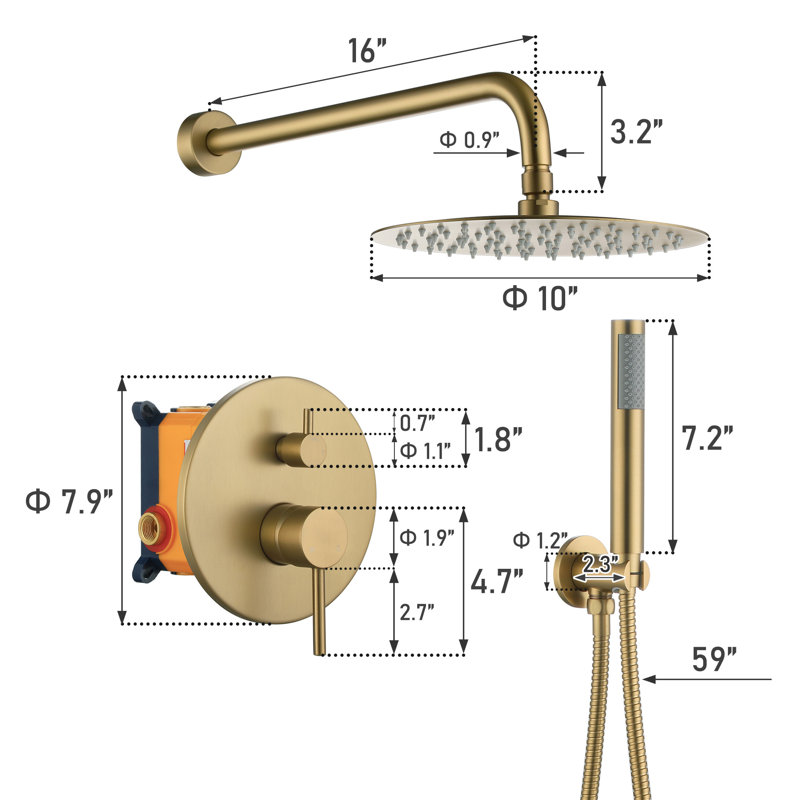 Calder Complete Shower System with Rough in-Valve, Brushed Gold