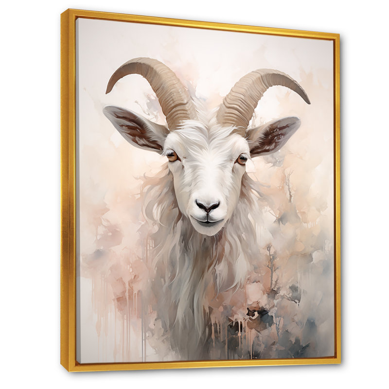 Mignon chèvre beige floral - reproduction sur toile, Cadre flottant doré, H 20 po x l 12 po x P 1 po