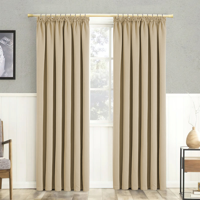 100% Polyester Blackout Pencil Pleat Room Darkening 230 GSM Curtains (Set of 2), Cream, 117cm Width x 137cm Drop