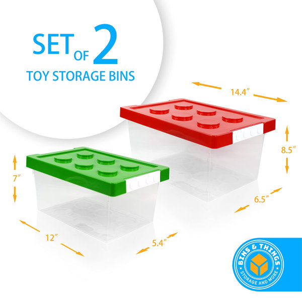 Bins & Things Toy Organizers and Storage / Toy Chest - Set of 2 Large and Small Brick Shaped Kids Storage Organizer for Building