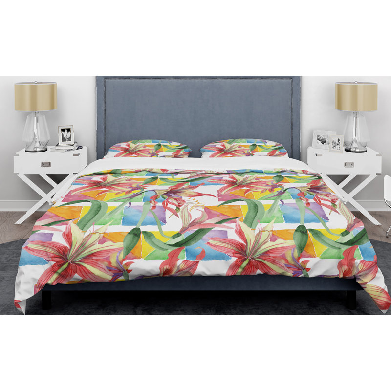 Ensemble de housse de couette à style mid-century à motif floral rétro, Housse de couette très grand + 2 taies décoratives