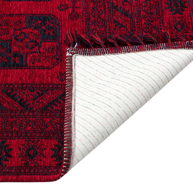 Tapis rectangulaire rouge / noir en polyester tissé à plat à la machine Grazia, Rectangle 5 pi 3 po x 7 pi 7 po