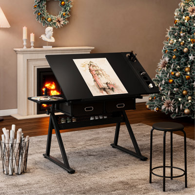 Drawing Drafting Desk For , Adjustable Tilt 0 - 75, 2 Large Size Non Woven Fabric Drawers, Metal Side Storage, Table Legs, Stool With 150kg Load, Heig