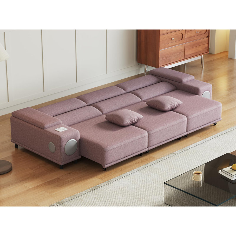 Canapé inclinable électrique moderne à 3 places avec haut-parleurs Bluetooth, recharge sans fil et ports USB, Rose clair