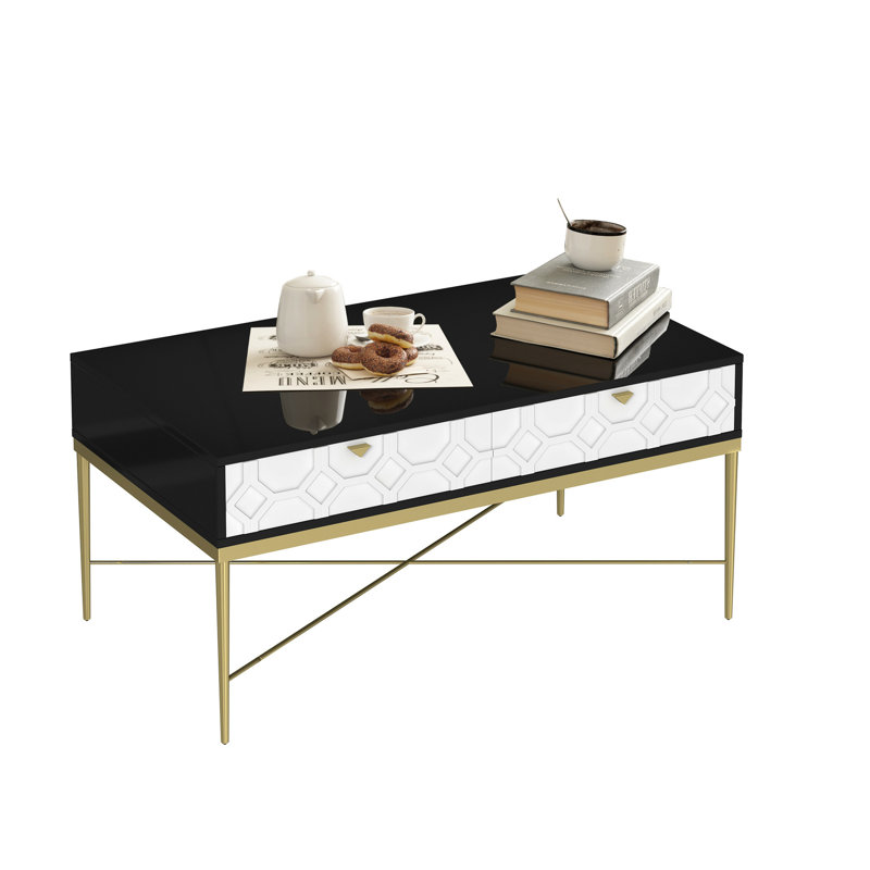 Table basse noire et blanche avec tiroirs de forme octogonale, idéale pour la chambre à coucher du salon, glissières en métal dans les tiroirs, assemblage facile
