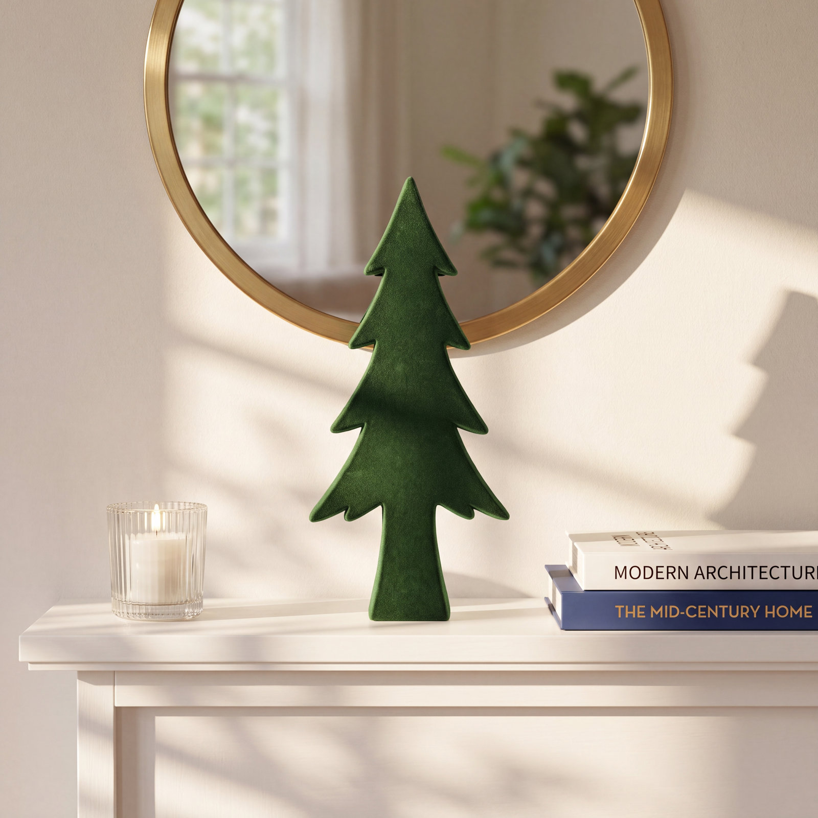 Kazuko Flocked Ceramic Tabletop Tree, 16" H x 7" W x 3" D, Green