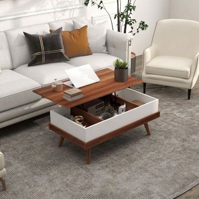 Table basse Khaleia à plateau relevable avec compartiments dissimulés et pieds en bois, noyer