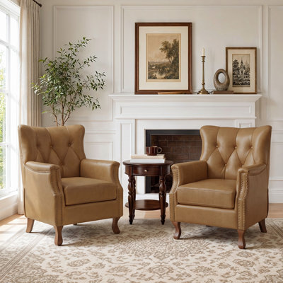 Redi 29.5" Mid-Century Genuine Leather Chair Solid Wood Accent Chair Tufted Wingback Armchair With Nailhead and Legs For Living Room Bedroom Study Home Office Reading Nook (Set Of 2)