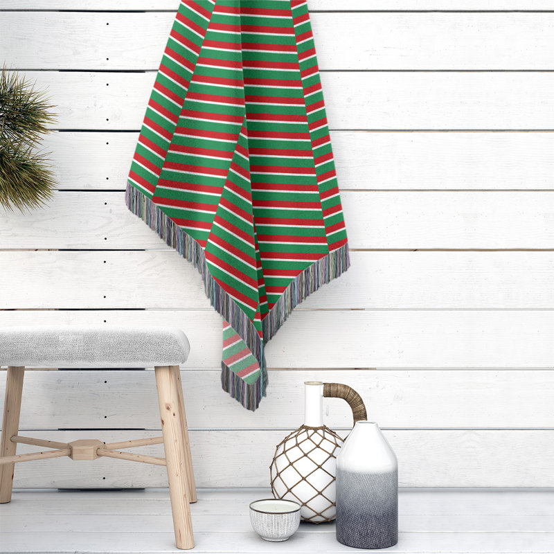 Hand Woven Throw Blanket, 60" W x 80" L, Striped, Dark Green/Red