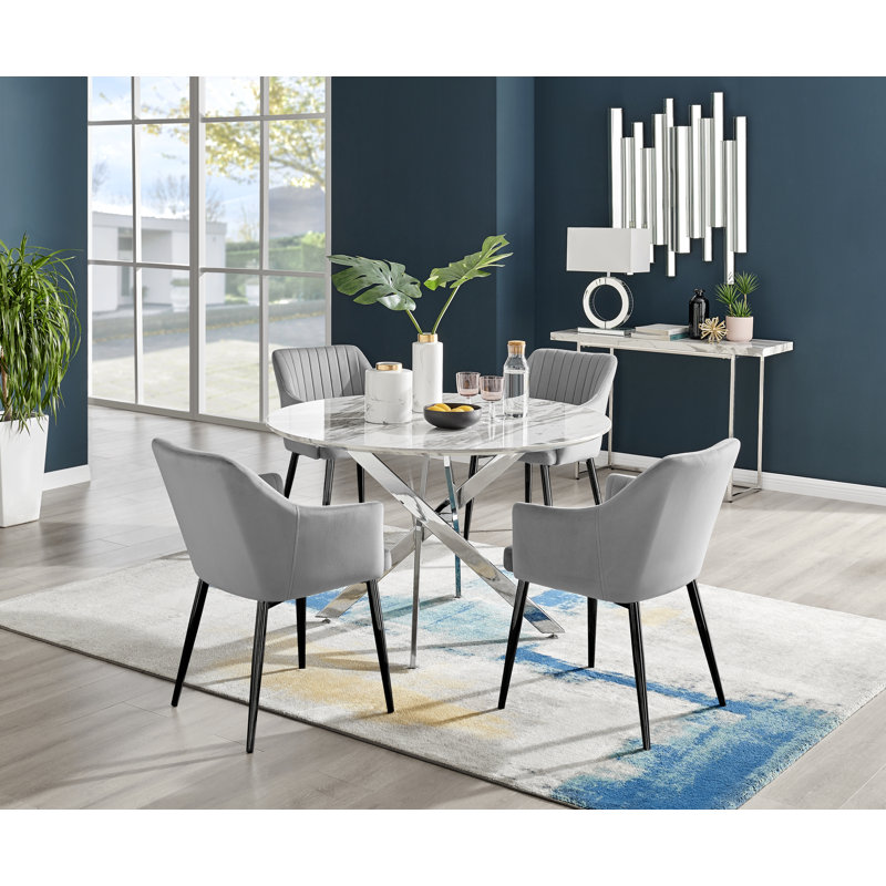 Tierra Modern Chrome Metal & Glass Round Dining Table Set with 6 Upholstered Faux Leather Chairs