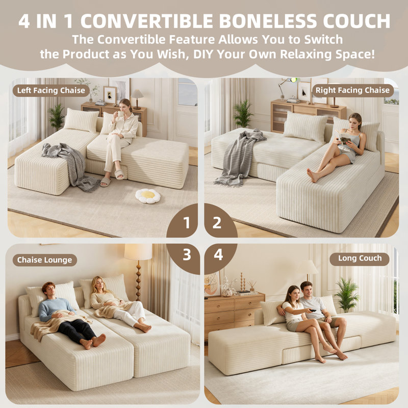 Canapé-lit modulaire convertible 4 en 1 avec méridienne réglable et siège profond, rembourré, avec 2 coussins, sans assemblage, beige