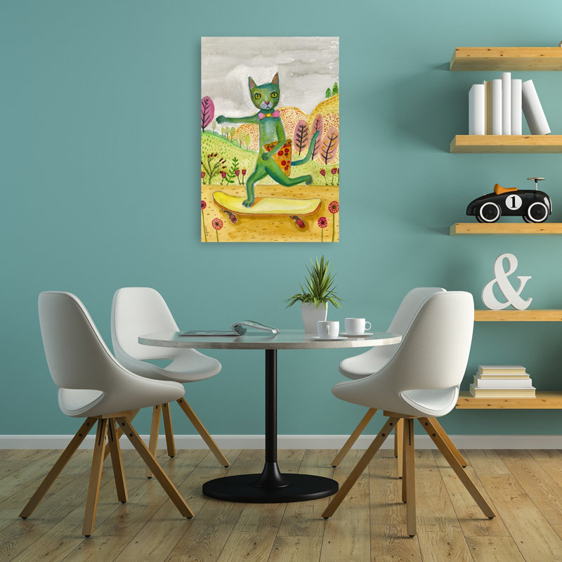 Green Cat Skateboard Pizza Colorful Contemporary Animal Flower Wall Art Print, 91.44cm H x 60.96cm W