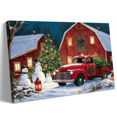 Grande peinture de paysage de chalet d'hiver avec camion rouge et bonhomme de neige Abiella