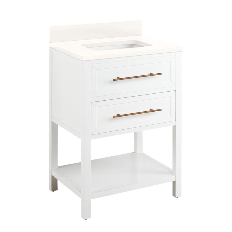 24" Robertson Single Bathroom Vanity Set with Rectangular Undermount Sink, No Drillings, Arctic White Quartz, White