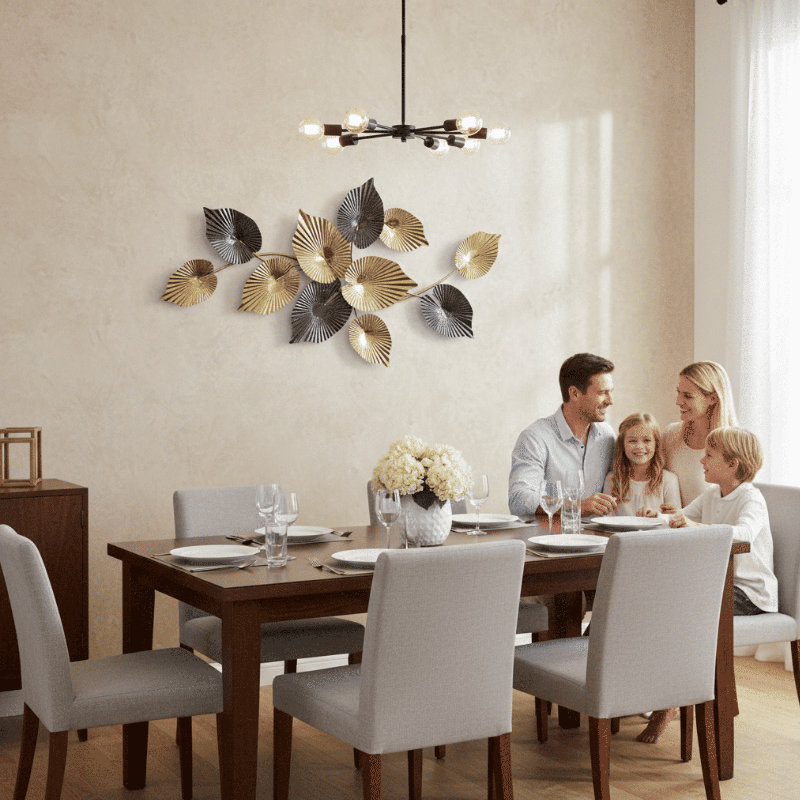 Layered Metal Leaf Wall Art – 43.75" Gold & Charcoal Decorative Sculpture, Layered Leaf Mural