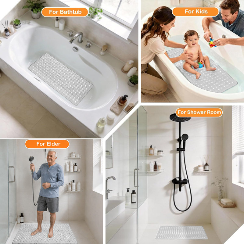 Non Slip Plastic Shower Mat with Strong Suction Cups for Bath Tub Paff Room, White, 53x53
