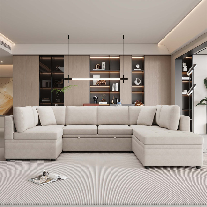 Canapé en chenille avec accoudoirs carrés, Beige