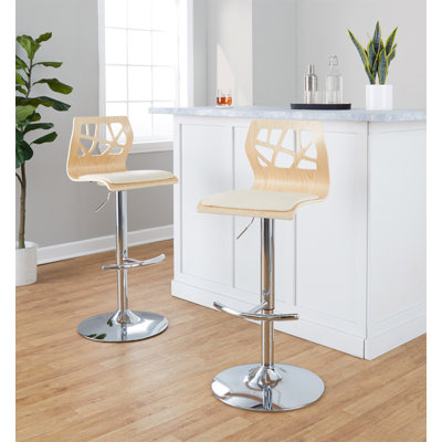 Tabouret de bar réglable avec pivot en métal chromé, bois naturel et similicuir crème avec repose-pieds arrondi en T - ensemble de 2
