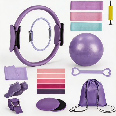 Pilates Kit for Home Workouts, 13-Inch Magic Circle Set with Mini Ball, Resistance Bands and Accessories for Women, Purple