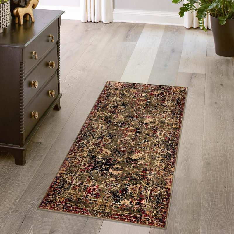 Tapis traditionnel Qrutwood vert-noir, Tapis de couloir 2 pi 2 po x 5 pi
