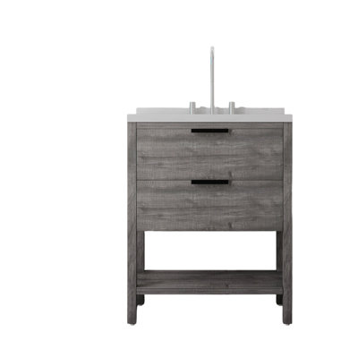 Meuble-lavabo autoportant de 30 po avec lavabo, tiroir à fermeture en douceur, comptoir et dosseret en marbre de culture blanc de 2 po Carrara, contreplaqué, gris