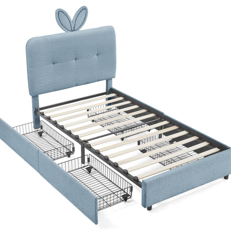 Lit simple avec tissu bouclé doux, DEL et 4 tiroirs coulissants pour une tête de lit surdimensionnée avec oreilles de lapin, lumières et unités de rangement Cozy