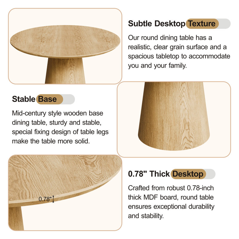 Mid Century Wooden Round Pedestal Dining Table Sets, 5, Wood, Beige