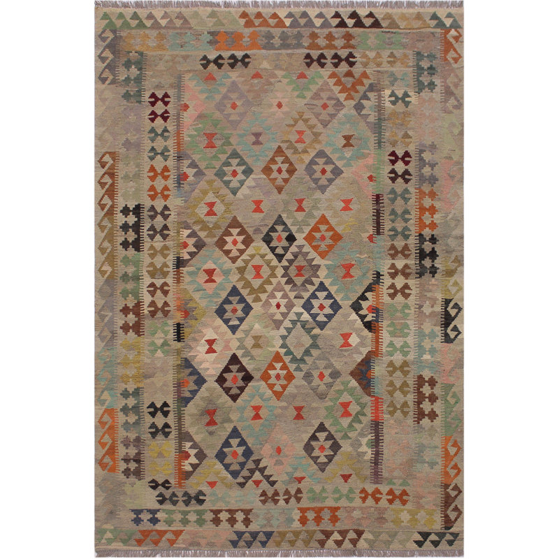 Tapis brun / vert en laine fabriqué à la main à motif géométrique rectangulaire 5 pi 9 po x 8 pi 1 po Madee