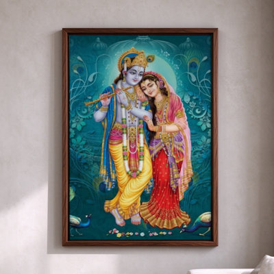 Radha et Krishna enlacés avec une flûte, tableau sur toile encadré, cadre marron, 61 x 91 cm