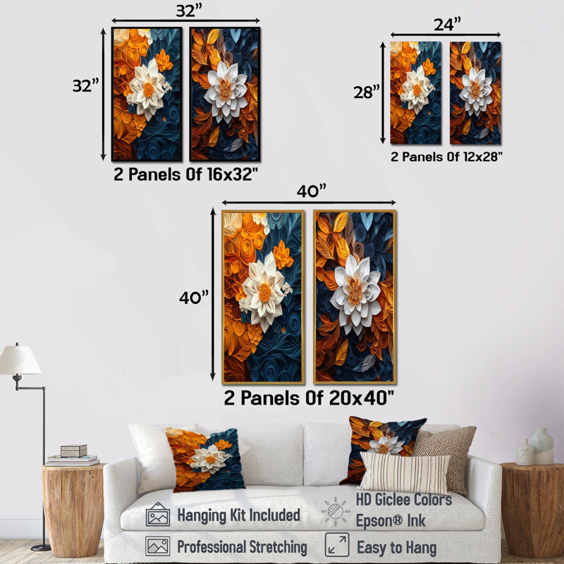 «White Floral Botanical Whirlwind I - Botanicals Wall Art», ensemble de 2 pièces, H 28 po x l 24 po, Toile tendue sur cadre