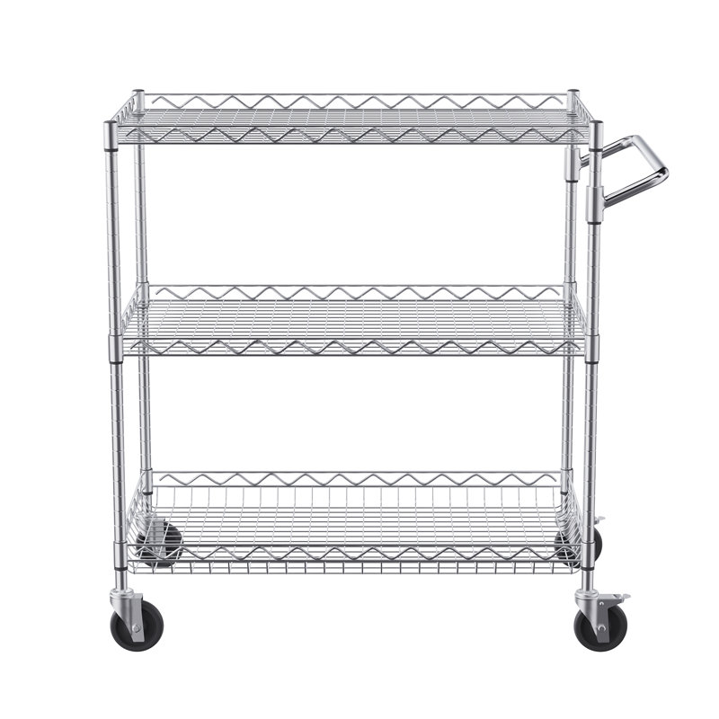 Silver 3-Tier Steel Utility Cart with Hooks and Wheels