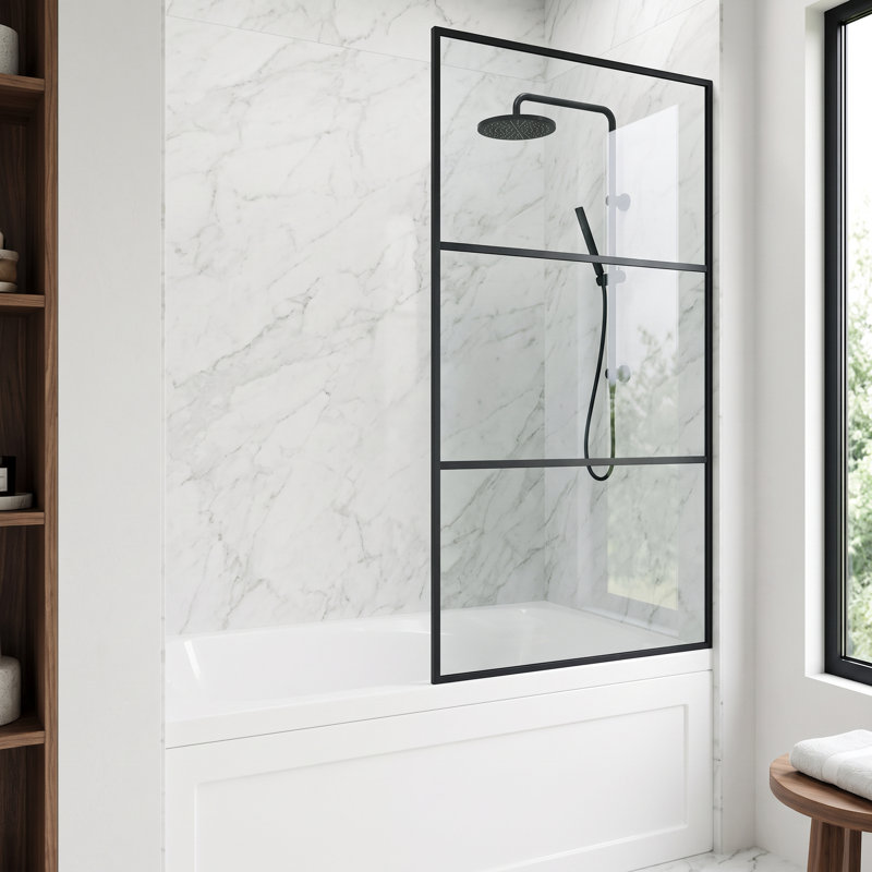 Divide 34" W x 62" H Fixed Framed Bathtub Screen with 3/8" Striped Glass, Matte Black Clear