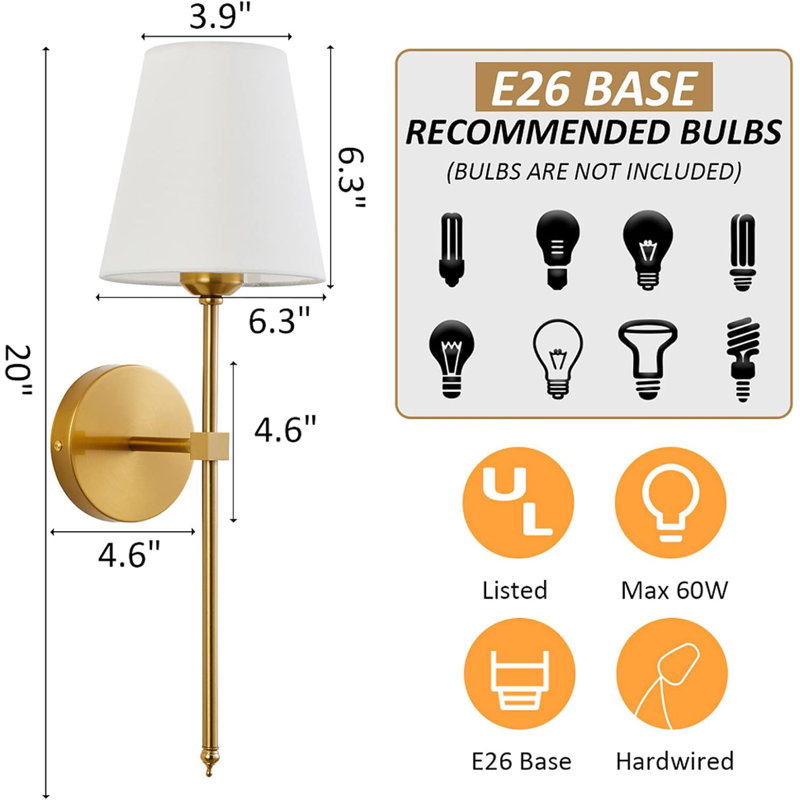 Ensemble de 2 appliques murales rétro avec abat-jour en tissu blanc, éclairage mural câblé pour meuble-lavabo, chambre à coucher, salon et couloir