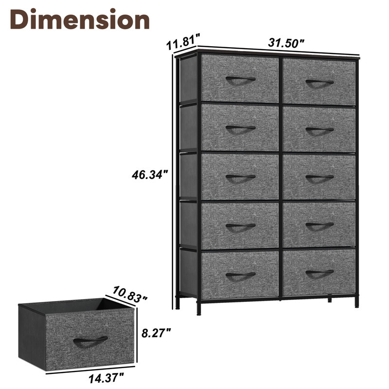 Minodor 10 Drawer Storage Drawer, Gray/Black