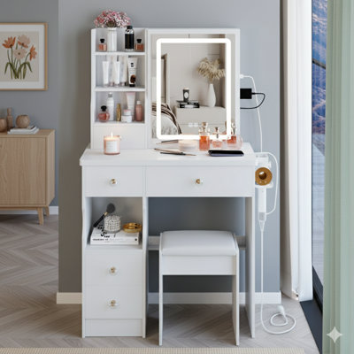 29.2-Inch Small-Sized Unit Combining A Left Drawer Desktop/Vanity Table And A Cushioned Stool. Features 2 AC Outlets + 2 USB Ports, A Hairdryer Bracket, And An Extra-Large Touch-Control Sliding LED Mirror With Tri-Color Switching And Adjustable Brightnes