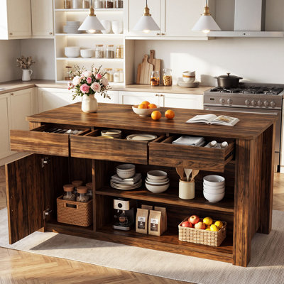 70.87-Inch Kitchen Island with 3 Drawers, Cabinet and Open Shelves, Vintage Wood Grain Finish