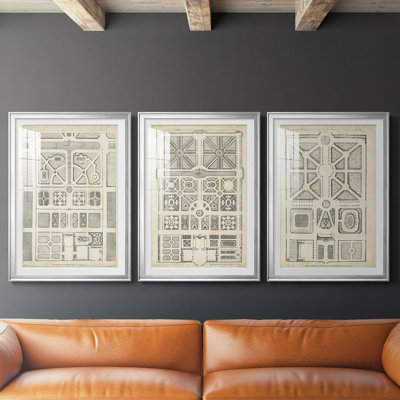 Antique Garden Design III  -Custom Framed  Premium Print W Matt - 3 Pieces