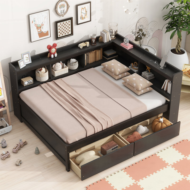 L-shaped Bookcases Bed with Two Drawers, Full, Espresso