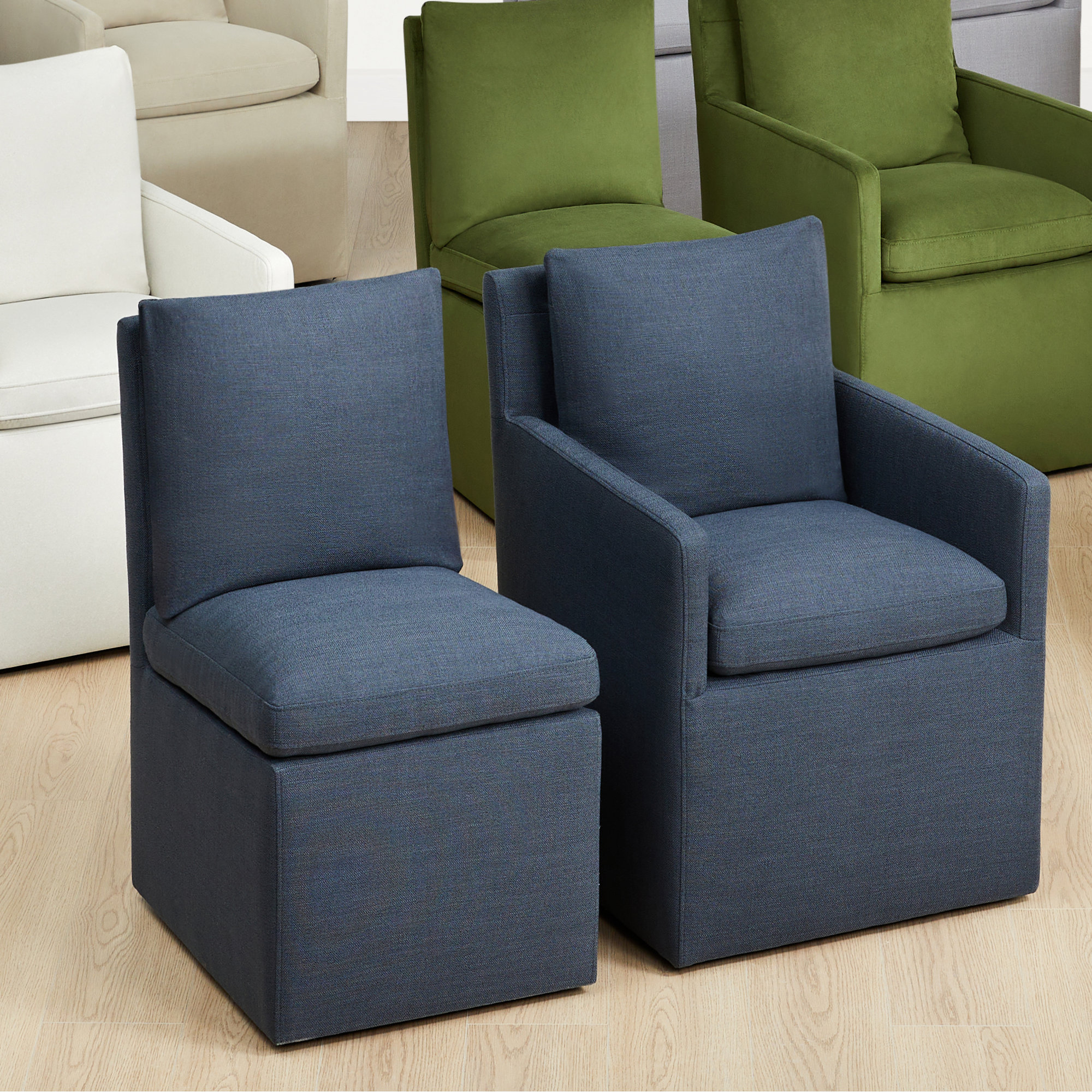 Alayaa Upholstered Arm Chair, Effie Indigo Performance Linen