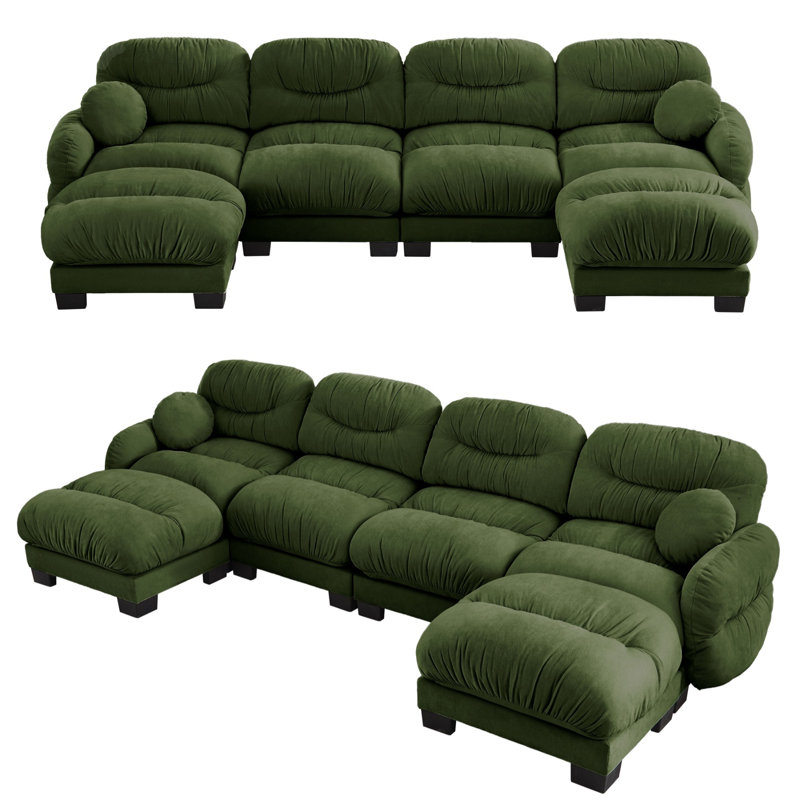 Canapé modulaire en U plissé en U avec 2 repose-pieds, canapé 4 places avec siège ergonomique en mousse haute densité, accoudoirs arrondis arrondis et 2 coussins décoratifs