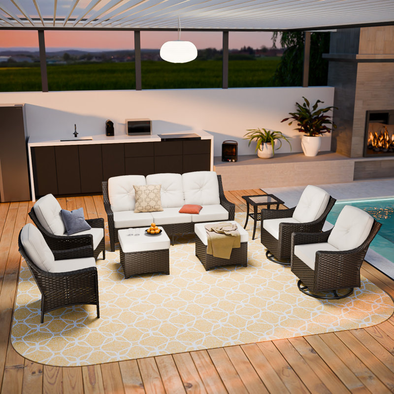 8-Piece Outdoor PE Brown Wicker Rattan Wide Armrest Swivel Glider Conversation Set Sofa Seating Group Patio with Olefin Thick Cushions