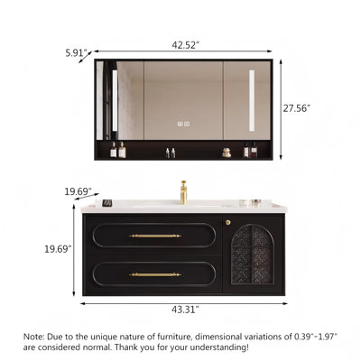 Meuble-lavabo mural vintage en bois d'hévéa massif avec lavabo en céramique intégré et armoire à miroir intelligent