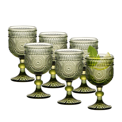 8.3 oz Vintage Sunflower Embossed Stemmed Goblet (green)