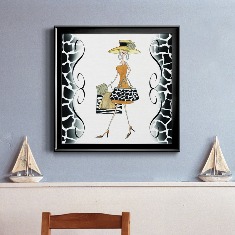 Swanky Shopper Gal - Peinture sur toile encadrée, H 17,5 po x l 17,5 po x P 1,5 po, Toile avec cadre noir