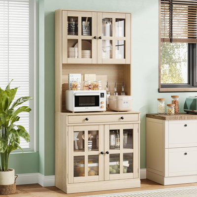 72" Kitchen Pantry Cabinet, Farmhouse Storage Cabinet with Glass Doors & Shelves, Wood