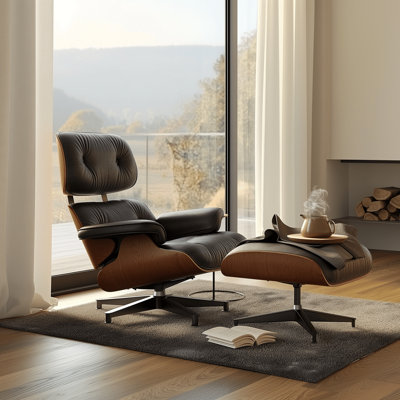 Chaise longue pivotante en cuir fleur et repose-pieds avec accoudoirs