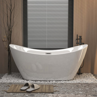 Baignoire autoportante en acrylique blanc brillant avec trop-plein chromé et bonde escamotable