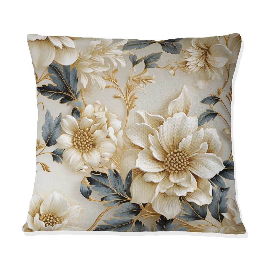 Golden White And Blue Flowers Elegance II - Floral Polyester Throw Pillow Design Art 